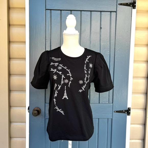 Karl Lagerfeld Paris Graphic Top with Puff Sleeve Women Size Medium - Picture 2 of 8